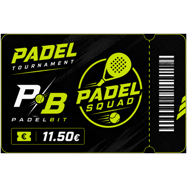 Neon yellow and black Padel Squad ticket card with price €11.50 and a barcode area on the right.