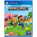 PlayStation 4 cover art for Minecraft: Steve and Alex sprint through a colorful, blocky world with a pickaxe.