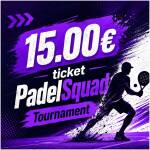 Poster promoting a 1500€ Padel Squad Tournament with a silhouetted player and bold purple design