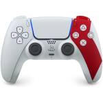 White game controller with a red right grip and PlayStation logo on the center button, angled for a dynamic look.