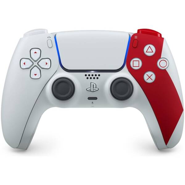 White game controller with a red right grip and PlayStation logo on the center button, angled for a dynamic look.