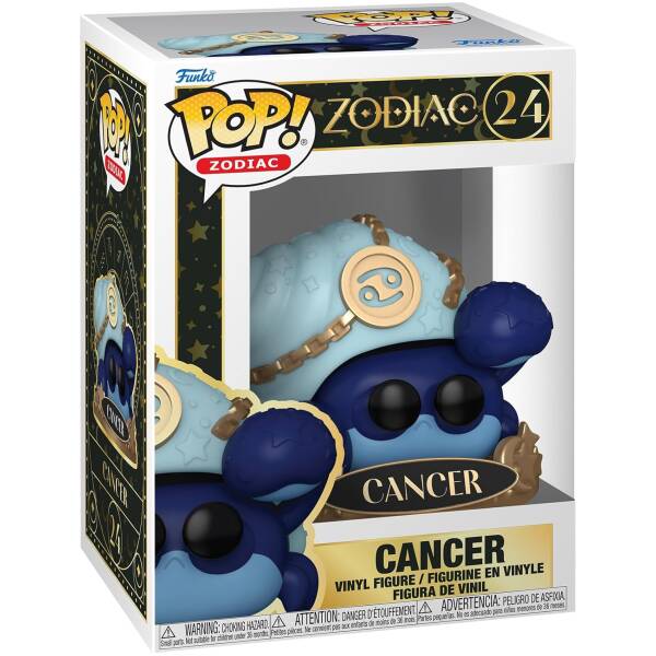 Funko Pop! Zodiac Cancer vinyl figure in its box; blue crab character with black eyes and a gold medallion, labeled Cancer on the package.