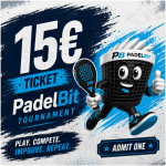 Promo poster for PadelBit Tournament: 15€ ticket, 'Admit One' banner, cheerful basket mascot with a paddle.