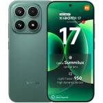 Green Xiaomi 17 smartphone shown from front and back, featuring a quad-camera module branded Leica on the rear panel.