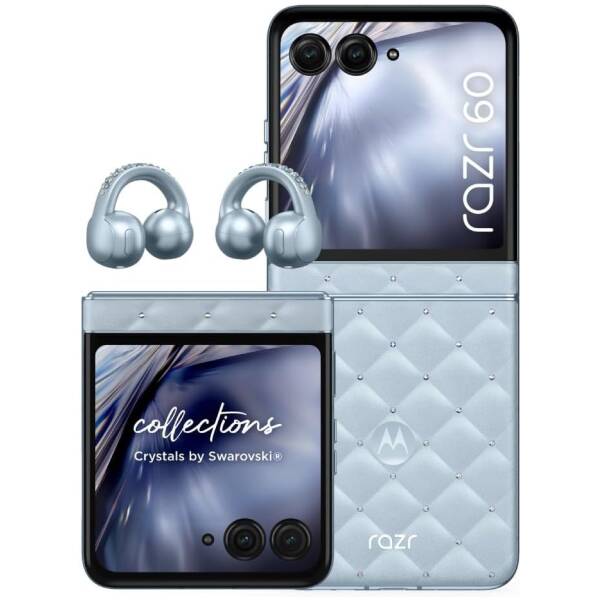 Foldable Motorola Razr smartphone with a quilted crystal-embellished case and wireless earbuds placed nearby.
