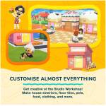 Bright cartoon advertisement for a Studio Workshop that lets you customize almost everything—houses, exteriors, tiles, pets, food, clothing, and more, shown with colorful buildings and characters.
