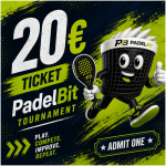 Promotional poster for a 20€ Padel Bit tournament with a cartoon bucket mascot holding a tennis racket and thumbs up.