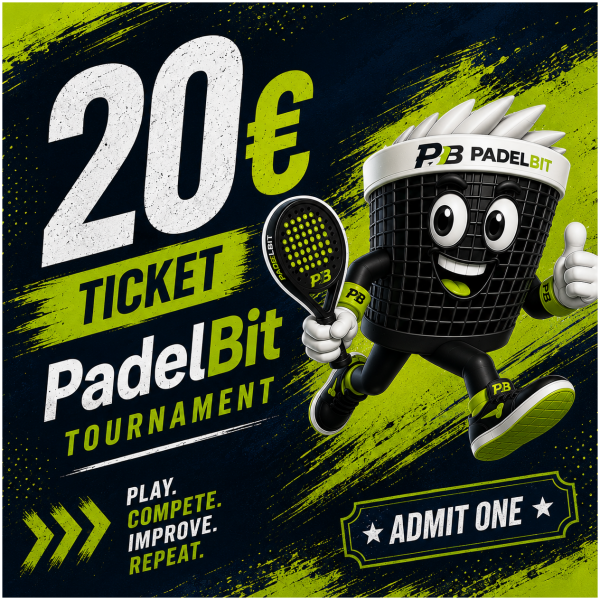 Promotional poster for a 20€ Padel Bit tournament with a cartoon bucket mascot holding a tennis racket and thumbs up.