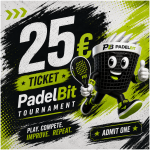 Promotional poster for a 25€ PadelBit Tournament ticket with a cartoon tennis basket mascot and an 'Admit One' ticket graphic, black and lime green.