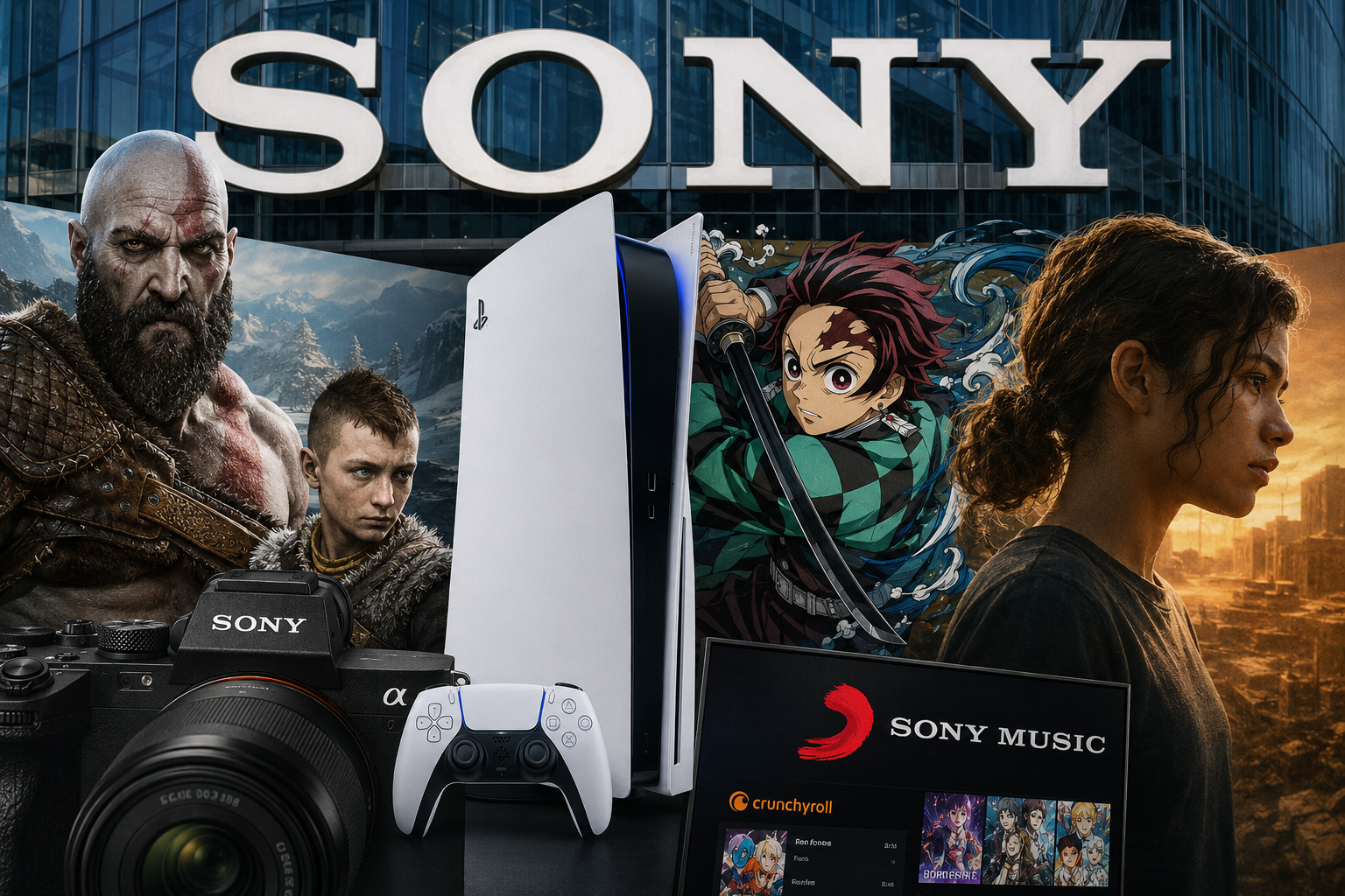 PlayStation 5 console with DualSense controller and Sony camera in front of a large Sony mural with game and anime characters.
