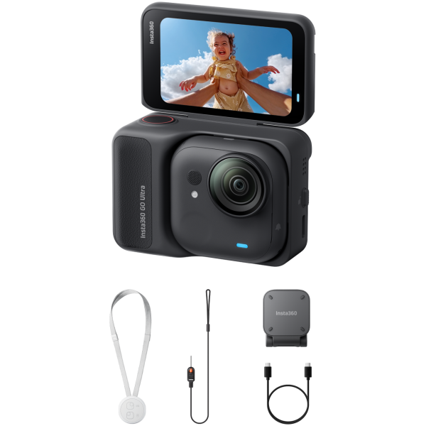 Insta360 GO Ultra action camera with a hinged top display showing a girl in the sky, plus accessories like strap, selfie stick and cables beneath.