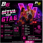 Neon-poster promoting BITVA PAR GTA 6 Padel Turnīrs with two athletes holding paddles and a purple city backdrop.