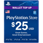 PlayStation Store gift card showing $25 USD value, wallet top-up banner, for PS5/PS4/PS3/PS Vita (blue card).