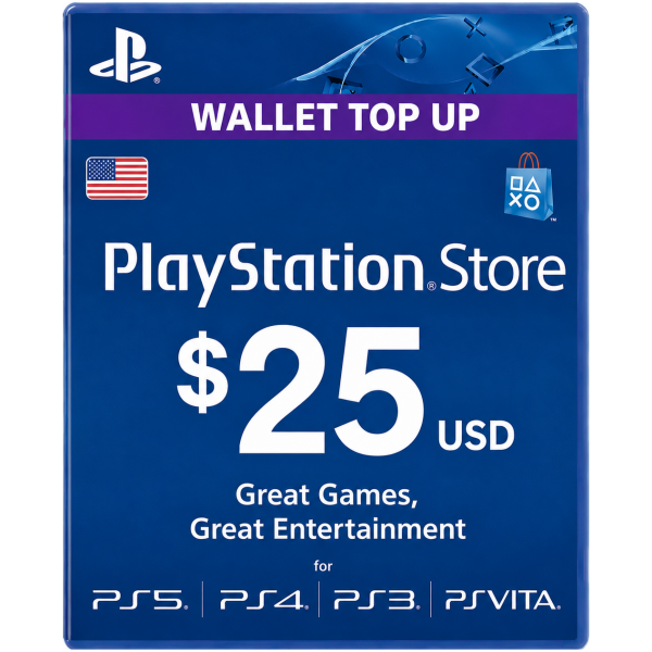 PlayStation Store gift card showing $25 USD value, wallet top-up banner, for PS5/PS4/PS3/PS Vita (blue card).