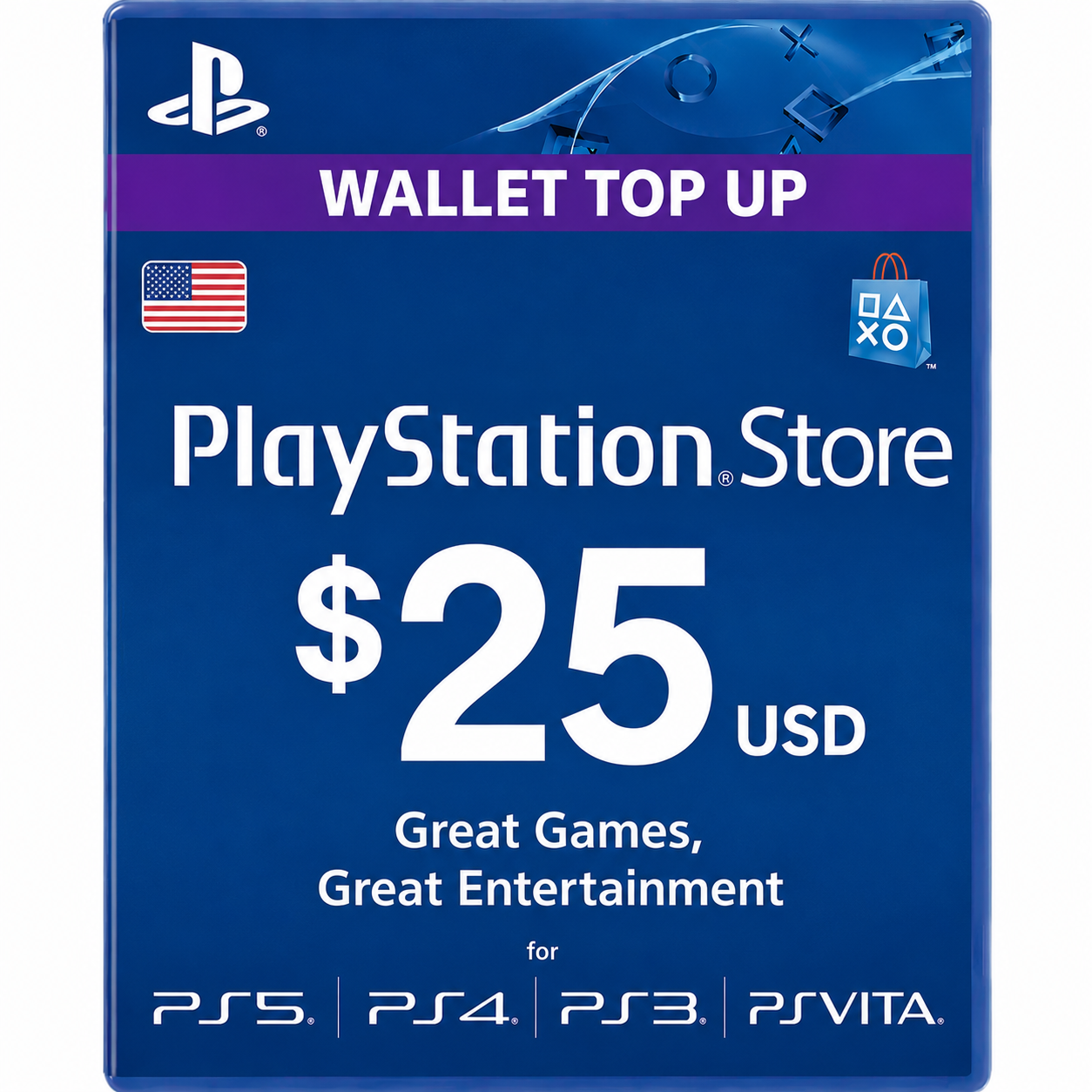 7ecd70a4-64de-4ba9-88c8-ac390a7706d9 VR.LV PlayStation Store gift card showing $25 USD value, wallet top-up banner, for PS5/PS4/PS3/PS Vita (blue card).
