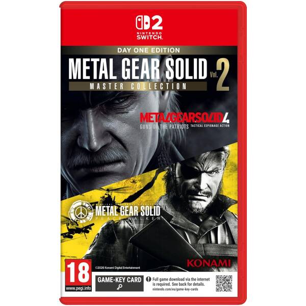 Nintendo Switch game cover for Metal Gear Solid Master Collection Vol. 2 — Day One Edition, features iconic characters and Konami branding (PEGI 18)