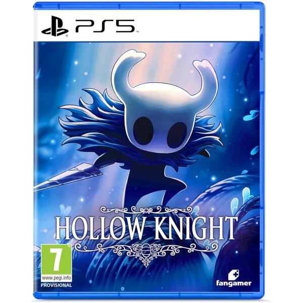 PS5 game cover for Hollow Knight featuring the white knight character in blue hues on a fantasy backdrop, with title at bottom.