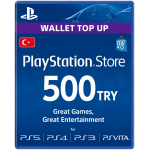 PlayStation Store gift card, 500 TRY for Turkey, with 'Wallet Top Up' banner and PS logos, blue package image.