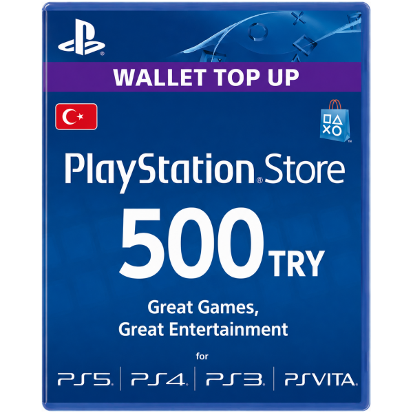 PlayStation Store gift card, 500 TRY for Turkey, with 'Wallet Top Up' banner and PS logos, blue package image.