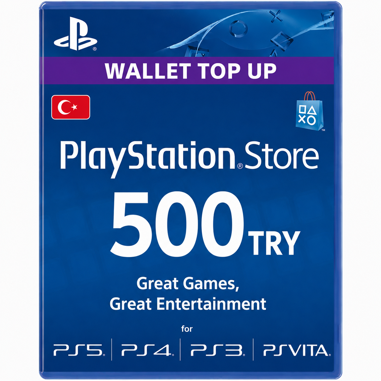 91acb7fd-2eda-4a34-851a-2cc37a1bd881 VR.LV PlayStation Store gift card, 500 TRY for Turkey, with 'Wallet Top Up' banner and PS logos, blue package image.