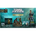Promotional collage for Tomb Raider: Legacy of Atlantis Collector's Edition with Lara Croft figure and boxed set against a teal backdrop.