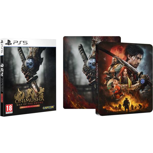 PS5 game box art for Onimusha: Way of the Sword—Premium Deluxe Edition, with a close-up sword hilt on a dark background. Two Onimusha PS5 cases: left shows a sword-wielding figure on a dark backdrop; right features multiple characters with swords and a red moon. Front cover: Onimusha: Way of the Sword, Premium Deluxe Edition for PS5, with gold title and Capcom logo. Product image of Onimusha PS5 game collection box set with dramatic fantasy artwork.