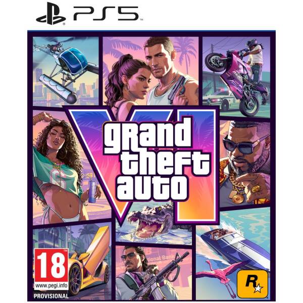 Grand Theft Auto V cover art: colorful collage with characters, vehicles, and the neon GTA logo at the center (18+ rating).