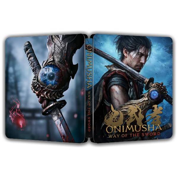 Onimusha: Way of the Sword cover art showing a battle-scarred samurai wielding a sword with a glowing blue orb in the hilt/blade side by side panels.