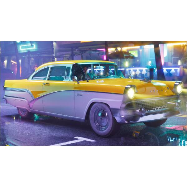 Yellow vintage car with chrome trim parked in a neon-lit night cityscape, colorful reflections around it.