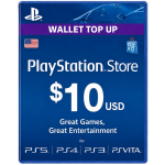 PlayStation Store gift card for $10, valid on PS5/PS4/PS3/PS Vita, with blue design and store logo
