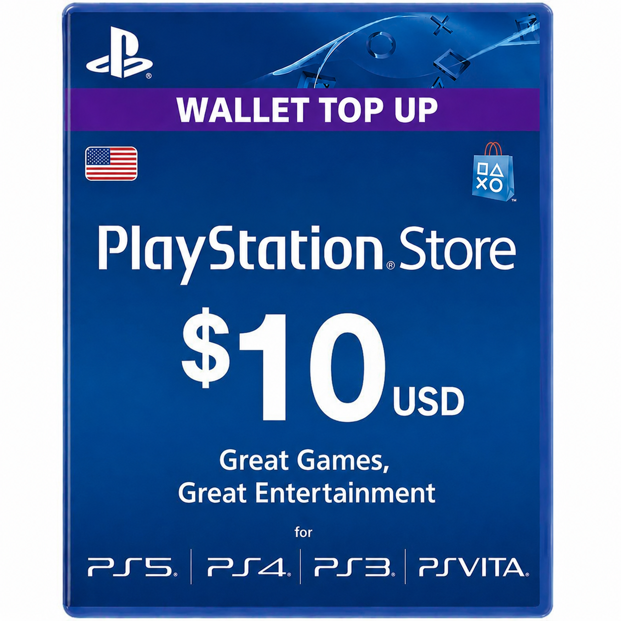 dbeb5690-8e6c-4541-ad4d-64f8d71d7101 VR.LV PlayStation Store gift card for $10, valid on PS5/PS4/PS3/PS Vita, with blue design and store logo