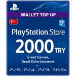 PlayStation Store gift card showing 2000 TRY value for PS5, PS4, PS3 and PS Vita in blue with a Turkish flag badge and wallet top-up banner