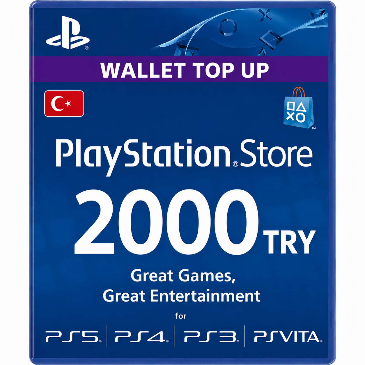 e582f012-8c8f-4b48-9be7-cb154b1051ac VR.LV PlayStation Store gift card showing 2000 TRY value for PS5, PS4, PS3 and PS Vita in blue with a Turkish flag badge and wallet top-up banner