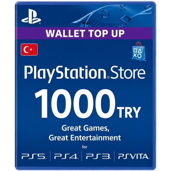 PlayStation Store wallet top-up card, 1000 TRY, blue with white text and logos for PS5, PS4, PS3, PS Vita