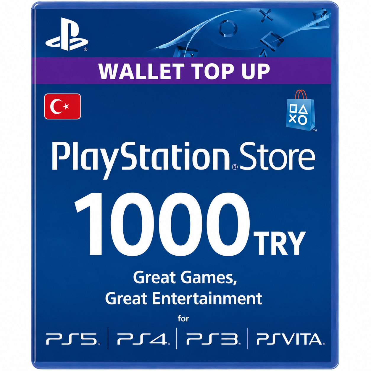 e5b69ff2-b9fa-4ff6-969d-2b12739e4a3c VR.LV PlayStation Store wallet top-up card, 1000 TRY, blue with white text and logos for PS5, PS4, PS3, PS Vita