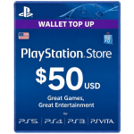 PlayStation Store gift card for $50 USD, blue design with PS logo and console compatibility icons (PS5, PS4, PS3, PS Vita).
