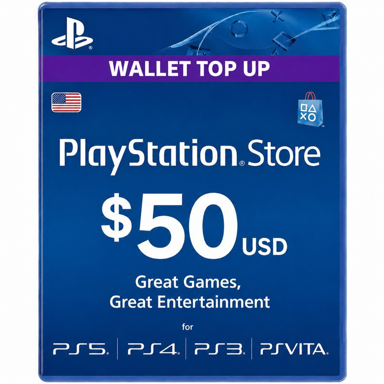 f5370ffe-56ed-4f99-9aa5-264e39e8575b VR.LV PlayStation Store gift card for $50 USD, blue design with PS logo and console compatibility icons (PS5, PS4, PS3, PS Vita).