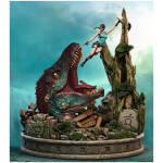 Female adventurer in teal outfit battles a roaring dinosaur on a rocky pedestal.