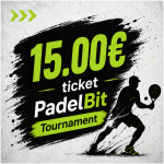 Event banner advertising a 15.00€ ticket for the PadelBit Tournament, featuring a lime-green and black splash design and a silhouette of a player with a paddle/ racket.