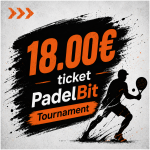 Poster advertising 18.00€ tickets for a PadelBit Tournament, featuring an orange price on a black paint-splatter background and a silhouetted padel player with a racket on the right.