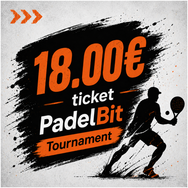 Poster advertising 18.00€ tickets for a PadelBit Tournament, featuring an orange price on a black paint-splatter background and a silhouetted padel player with a racket on the right.