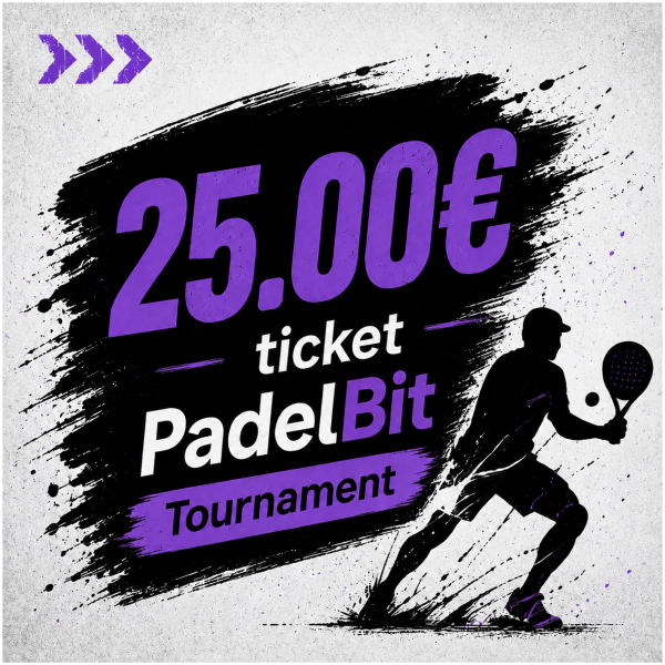 Poster advertising a 25.00€ ticket for a PadelBit Tournament with a silhouette of a padel player in action and purple accents.