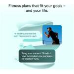 Fitness promo with a running man and bold text about gym access while traveling and outdoor runs.