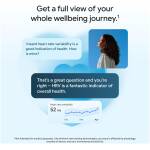 Infographic about heart rate variability with chat bubbles and a woman looking up; includes a HRV chart showing 52 ms on a blue background.