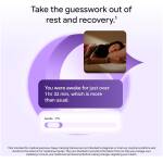 Informational sleep infographic showing a sleeping person amid purple shapes with text about rest and recovery and wake time longer than usual 1h32m pale purple background.