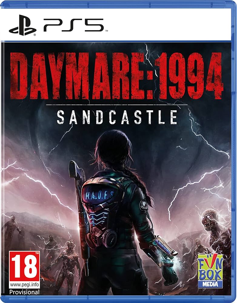 81HFpOTH8AL_AC_UF8941000_QL80_ VR.LV PS5 game cover for Daymare: 1994 Sandcastle featuring a lone armored survivor with a rifle, facing a zombie swarm under stormy skies (18+).