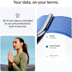 Informational collage about privacy and health data: left tile shows a security/privacy message, right tile depicts a blue braided cable with a 'Vitals' card, and bottom left shows a woman meditating outdoors.