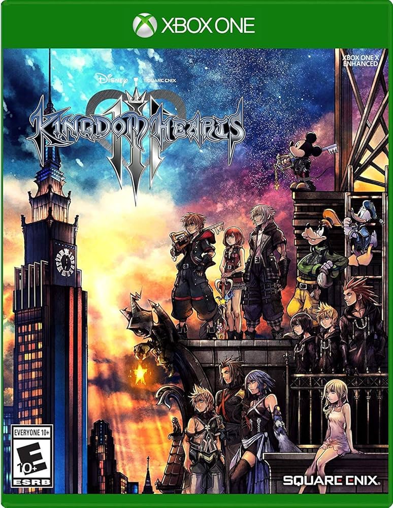 KINGDOMHEARTS3 VR.LV Xbox One game case for Kingdom Hearts III with the group standing on a rooftop against a sunset and starry sky; logos for Disney, Square Enix, and ESRB rating 10+.