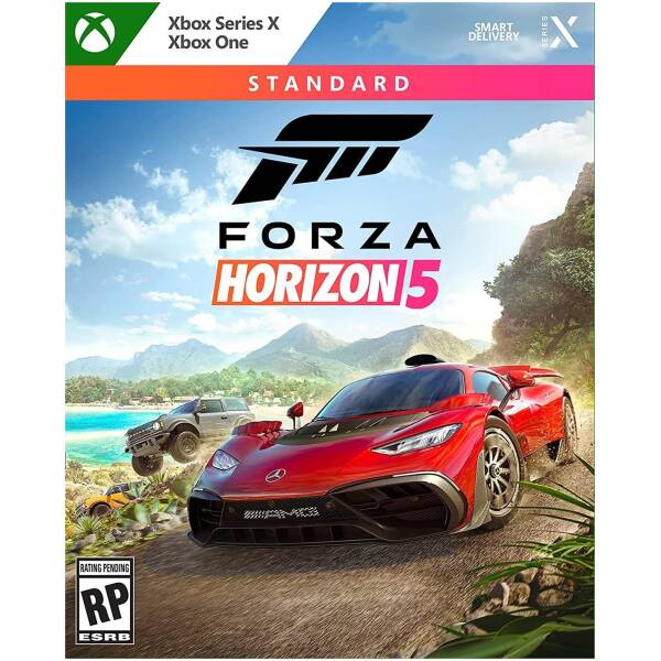 Forza Horizon 5 cover: red sports car on a winding coastal road with mountains and blue sky in the background, Xbox branding at top.