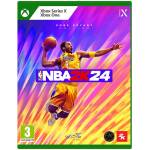 Xbox game cover for NBA 2K24 Kobe Bryant Edition showing a Lakers player in a yellow jersey leaping with a basketball against a vibrant pink-to-orange gradient background, green border and title text